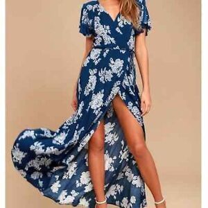 Lulu's | Navy Blue Floral Print Wrap Maxi Dress | Large